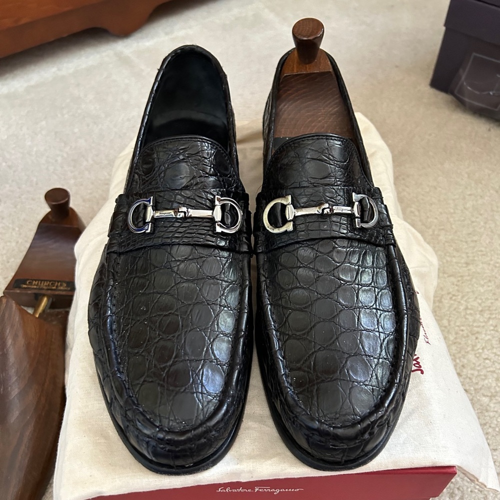 Salvatore Ferragamo Giostra Crocodile Leather Bit Loafers